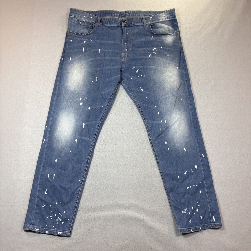 Sean John Mens Athlete Tapered Stretch Paint Splatter Blue Jeans 48W 35L